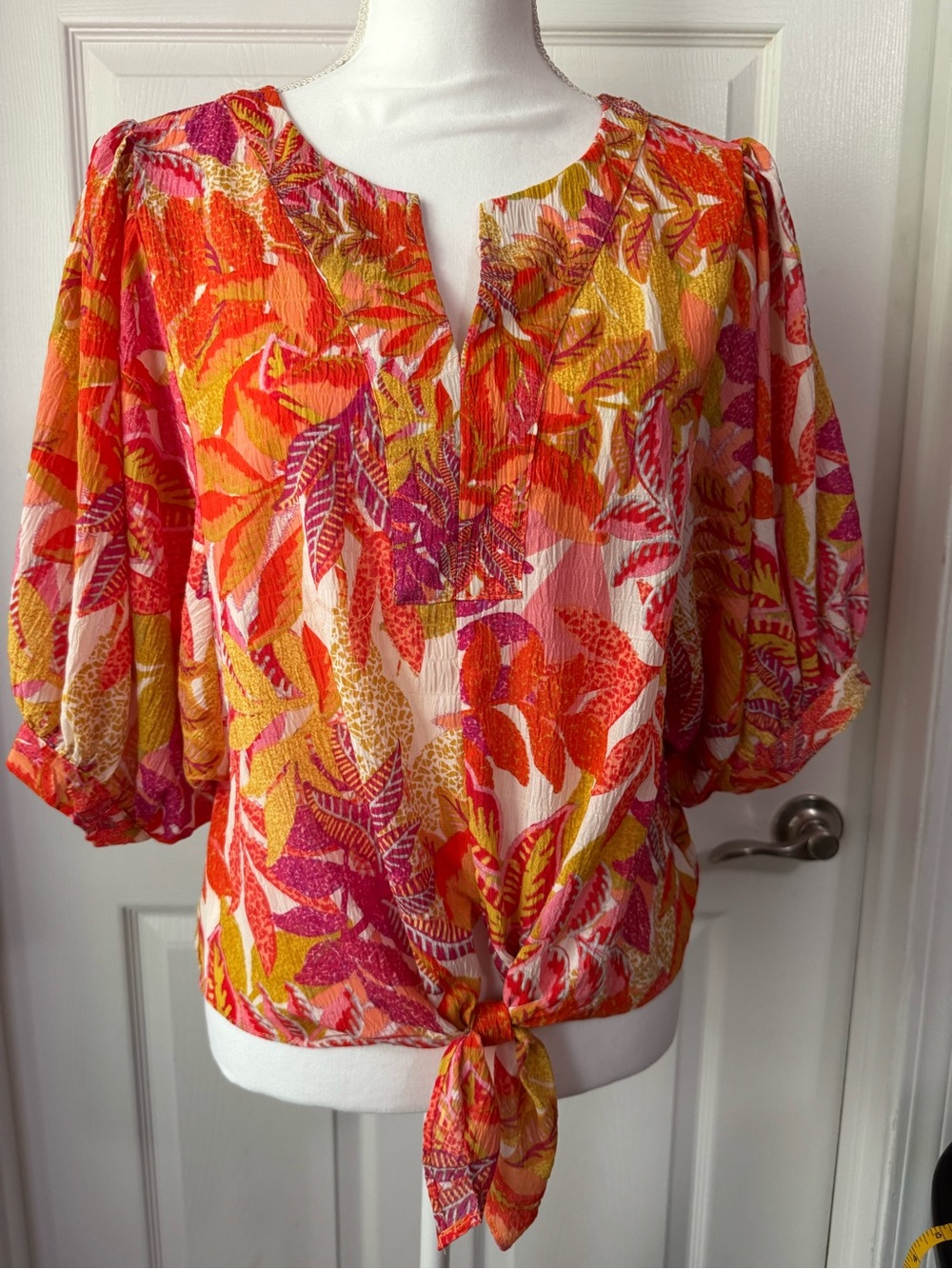 Rose & Olive Tropical Tie-Front Blouse in Pink, Orange, Yellow